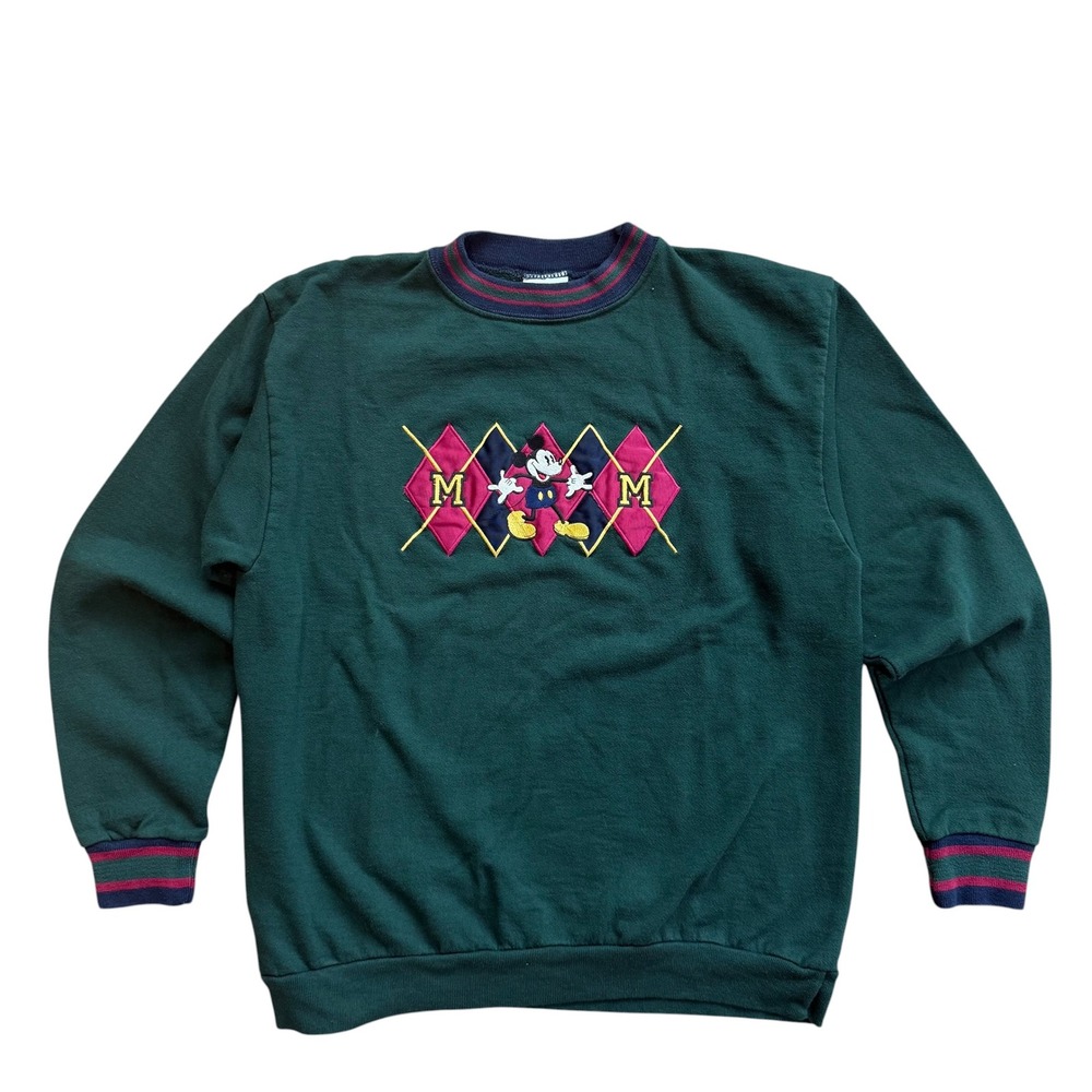 Vintage Mickey & Co Disney Sweatshirt Green Argyle Embroidered USA Large